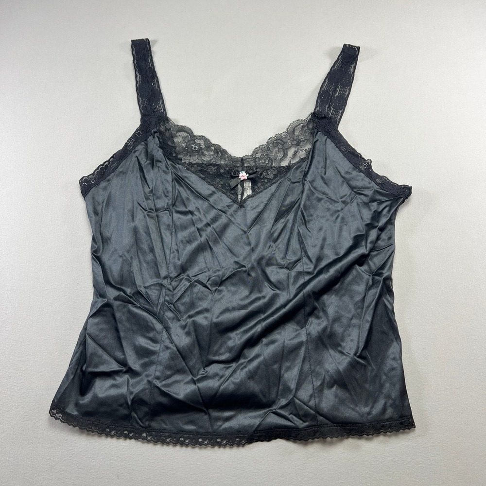Vintage Camisole Top Womens 18-20W Black Floral Lace Trim Wide Strap Sleeveless